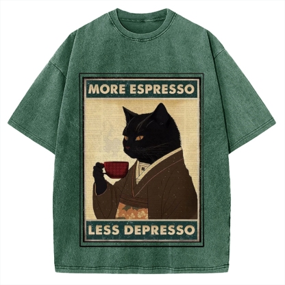 More Espresso Less Depresso Coffee Cat Vintage Washed T-shirt