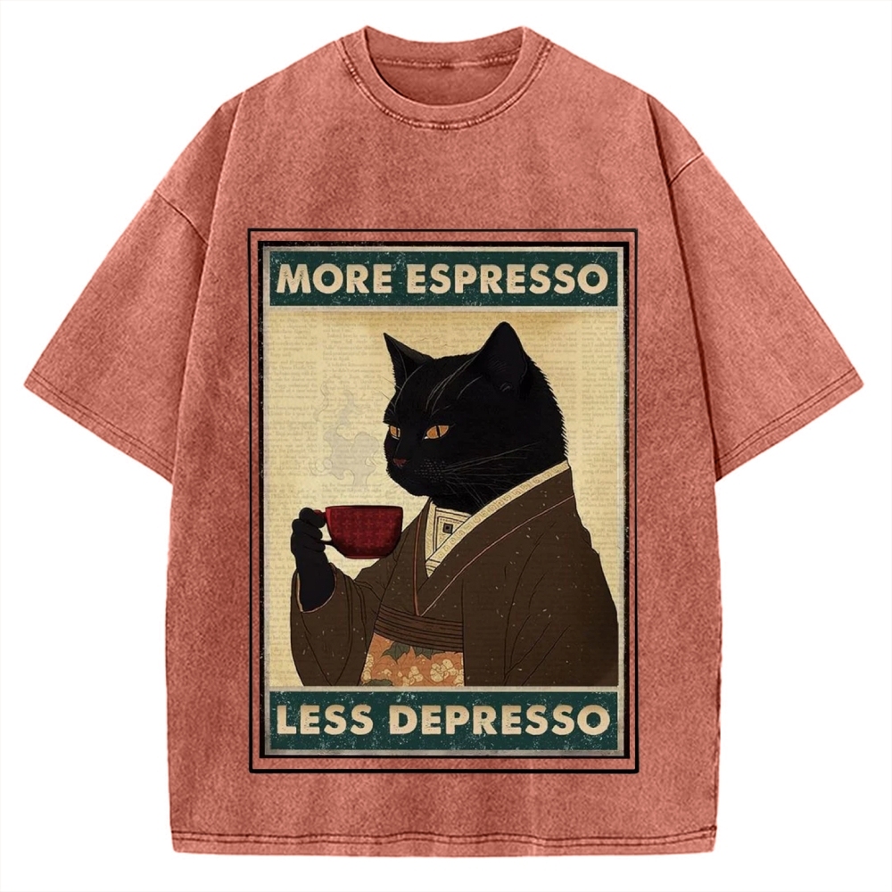 More Espresso Less Depresso Coffee Cat Vintage Washed T-shirt