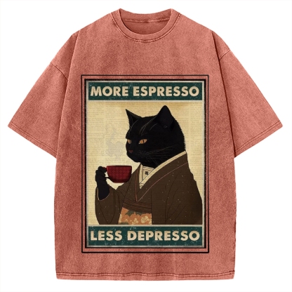 More Espresso Less Depresso Coffee Cat Vintage Washed T-shirt