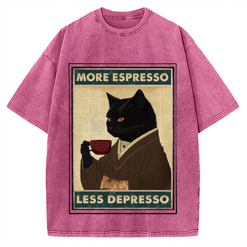 More Espresso Less Depresso Coffee Cat Vintage Washed T-shirt