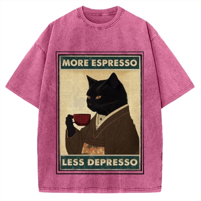 More Espresso Less Depresso Coffee Cat Vintage Washed T-shirt