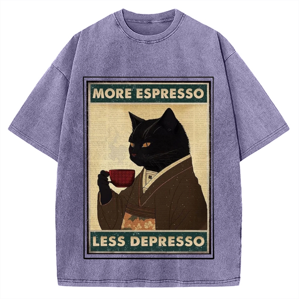 More Espresso Less Depresso Coffee Cat Vintage Washed T-shirt