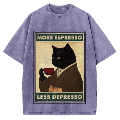 More Espresso Less Depresso Coffee Cat Vintage Washed T-shirt