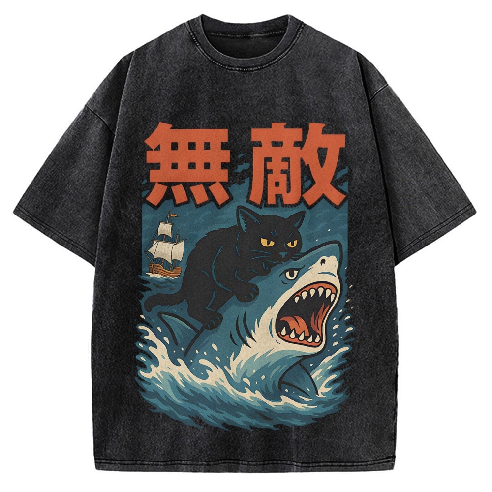 Funny Cat riding a shark Invincible Vintage Washed T-shirt