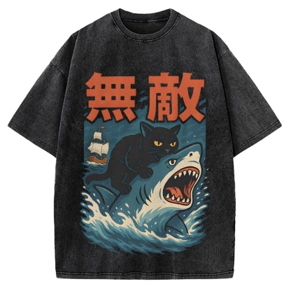 Funny Cat riding a shark Invincible Vintage Washed T-shirt