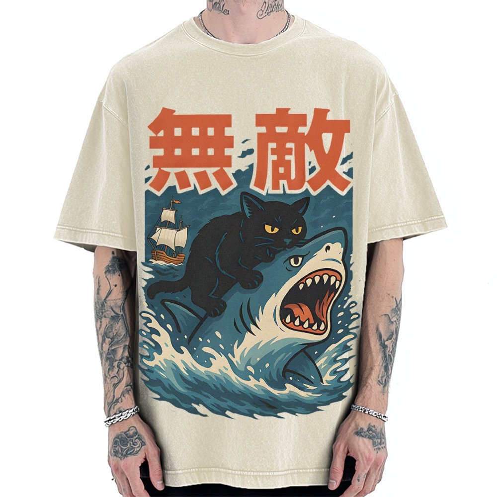 Funny Cat riding a shark Invincible Vintage Washed T-shirt