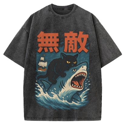 Funny Cat riding a shark Invincible Vintage Washed T-shirt
