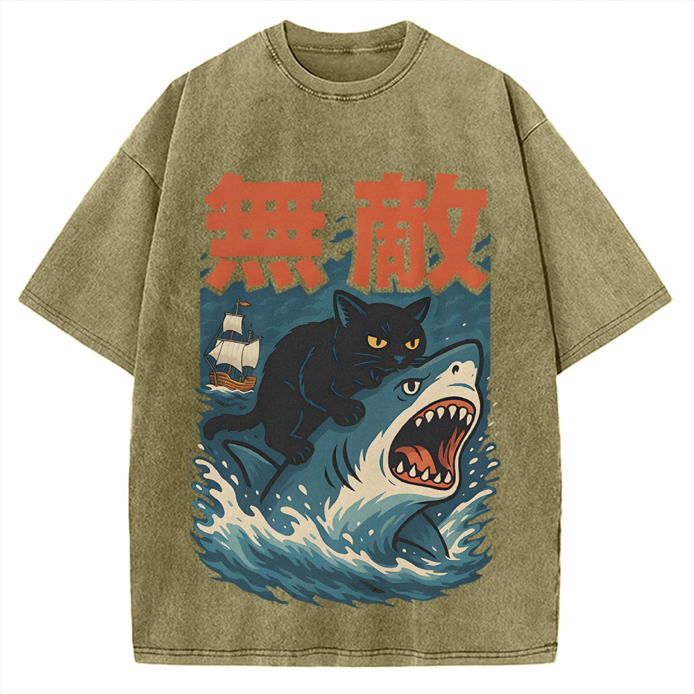 Funny Cat riding a shark Invincible Vintage Washed T-shirt