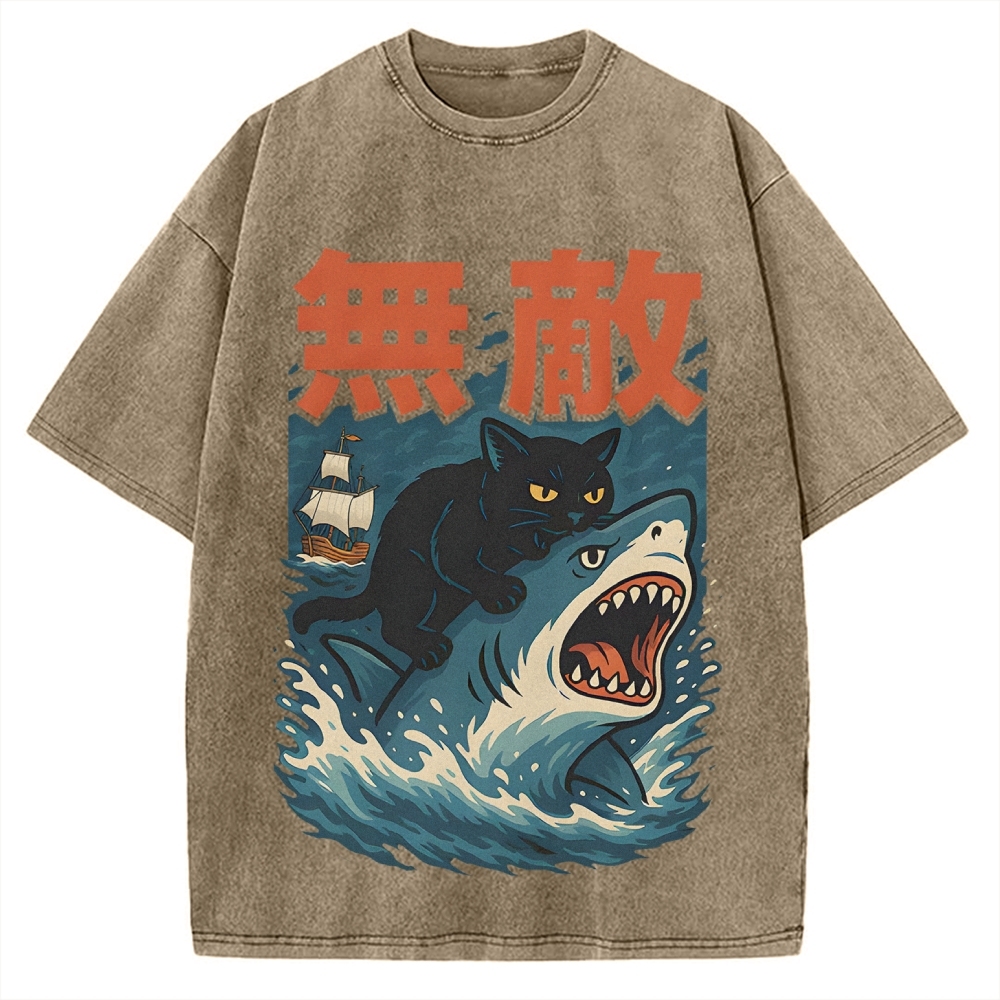 Funny Cat riding a shark Invincible Vintage Washed T-shirt