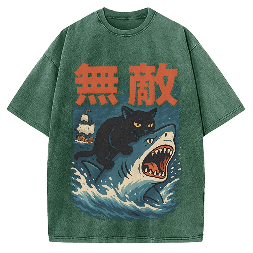 Funny Cat riding a shark Invincible Vintage Washed T-shirt