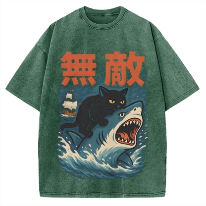 Funny Cat riding a shark Invincible Vintage Washed T-shirt