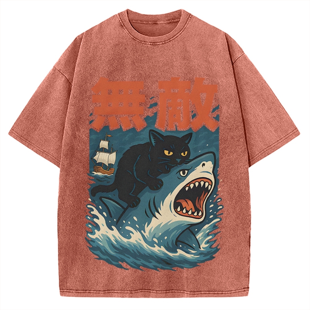Funny Cat riding a shark Invincible Vintage Washed T-shirt