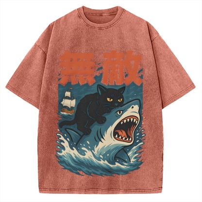Funny Cat riding a shark Invincible Vintage Washed T-shirt