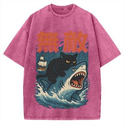 Funny Cat riding a shark Invincible Vintage Washed T-shirt