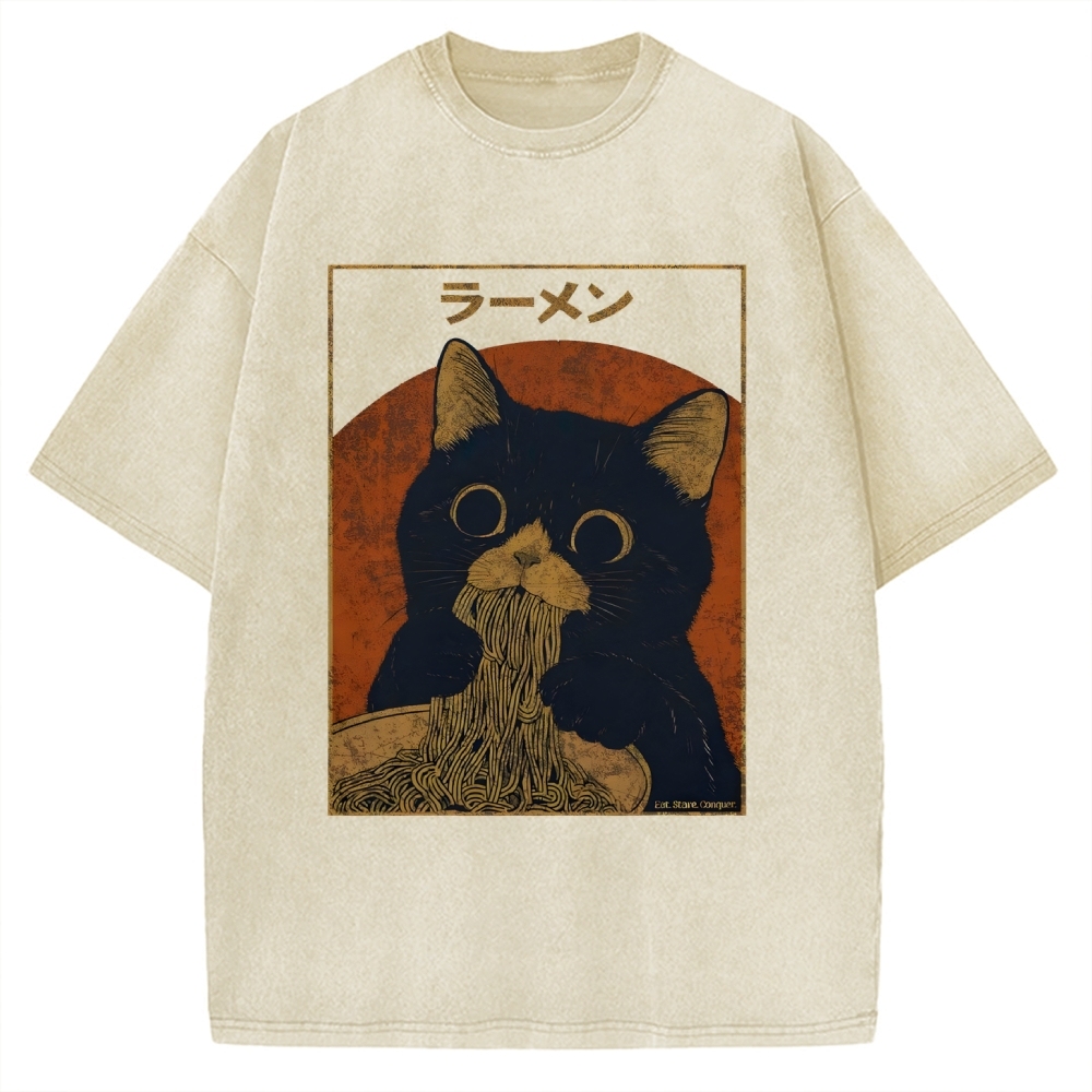 Black cat eating ramen Vintage Washed T-shirt