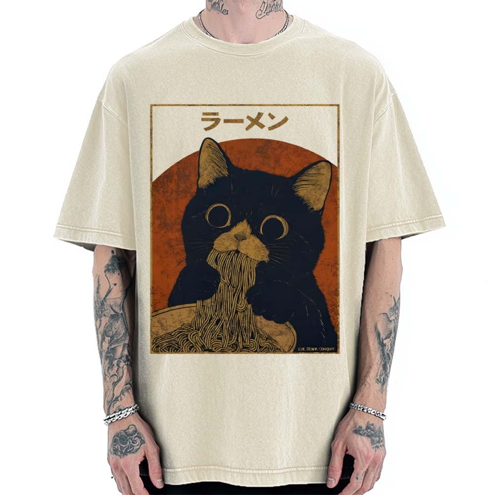 Black cat eating ramen Vintage Washed T-shirt