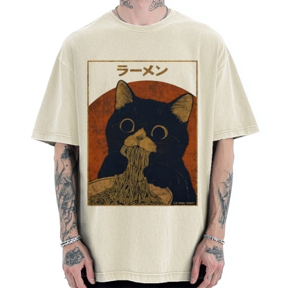 Black cat eating ramen Vintage Washed T-shirt