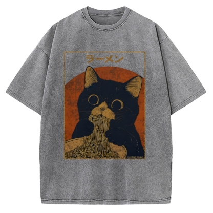 Black cat eating ramen Vintage Washed T-shirt