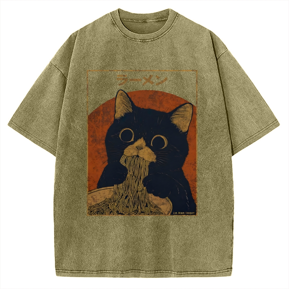 Black cat eating ramen Vintage Washed T-shirt