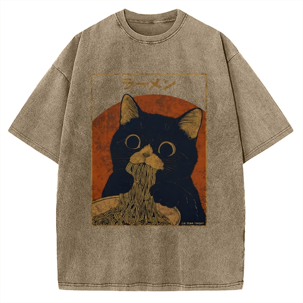Black cat eating ramen Vintage Washed T-shirt