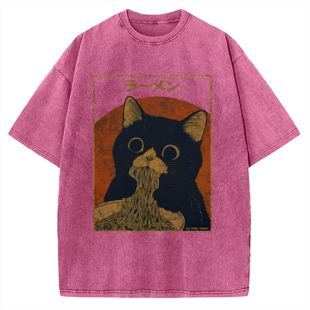 Black cat eating ramen Vintage Washed T-shirt