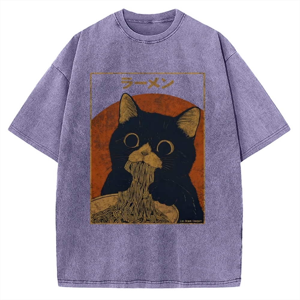 Black cat eating ramen Vintage Washed T-shirt