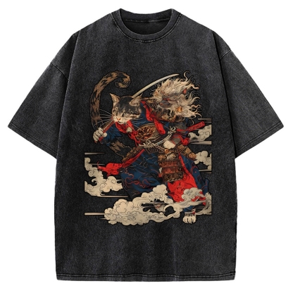 Cat Samurai Vintage Washed T-shirt