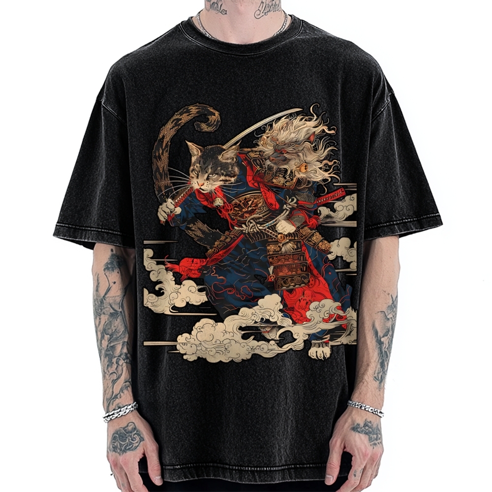 Cat Samurai Vintage Washed T-shirt