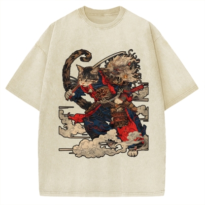 Cat Samurai Vintage Washed T-shirt