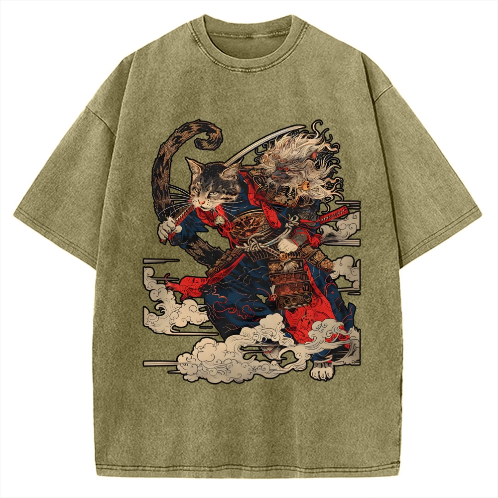 Cat Samurai Vintage Washed T-shirt