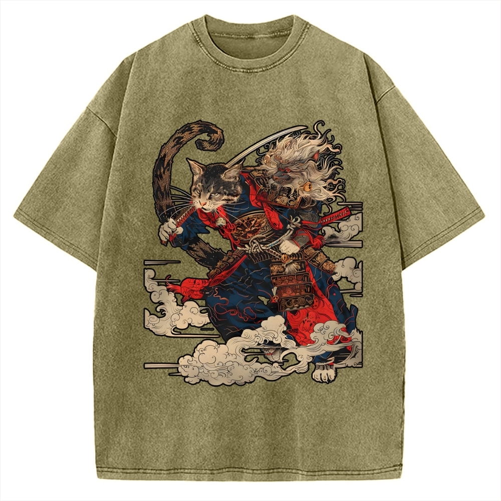 Cat Samurai Vintage Washed T-shirt