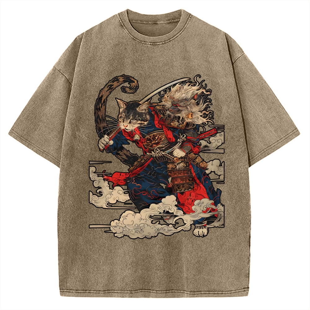 Cat Samurai Vintage Washed T-shirt