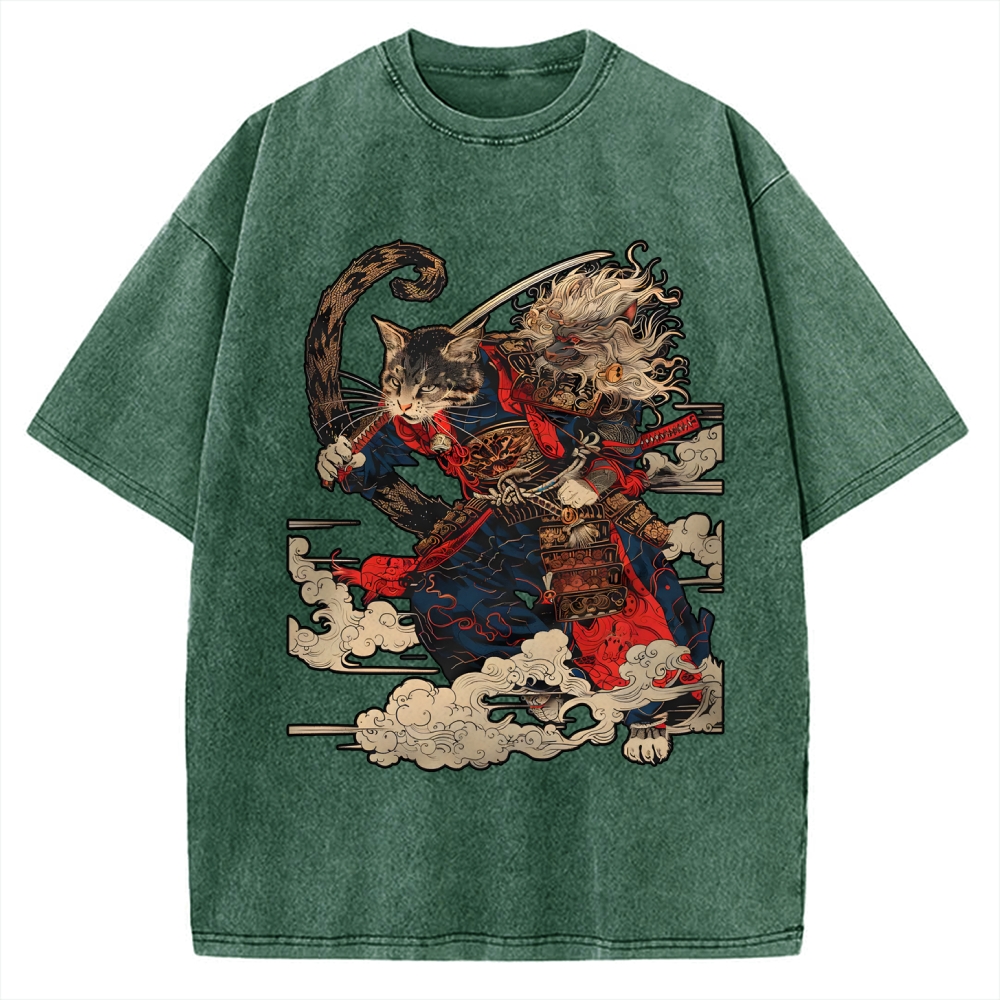 Cat Samurai Vintage Washed T-shirt