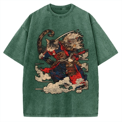 Cat Samurai Vintage Washed T-shirt