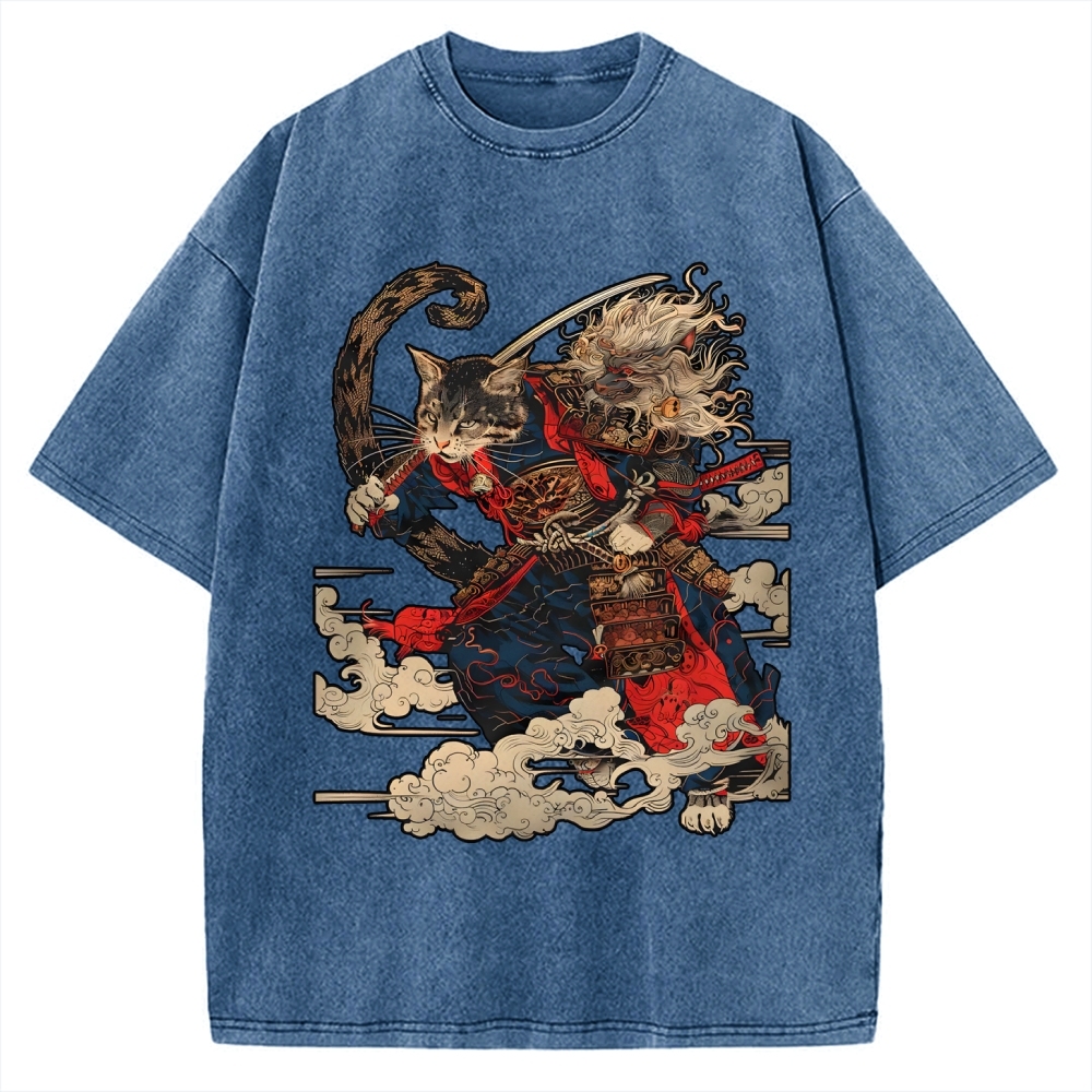 Cat Samurai Vintage Washed T-shirt