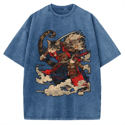 Cat Samurai Vintage Washed T-shirt