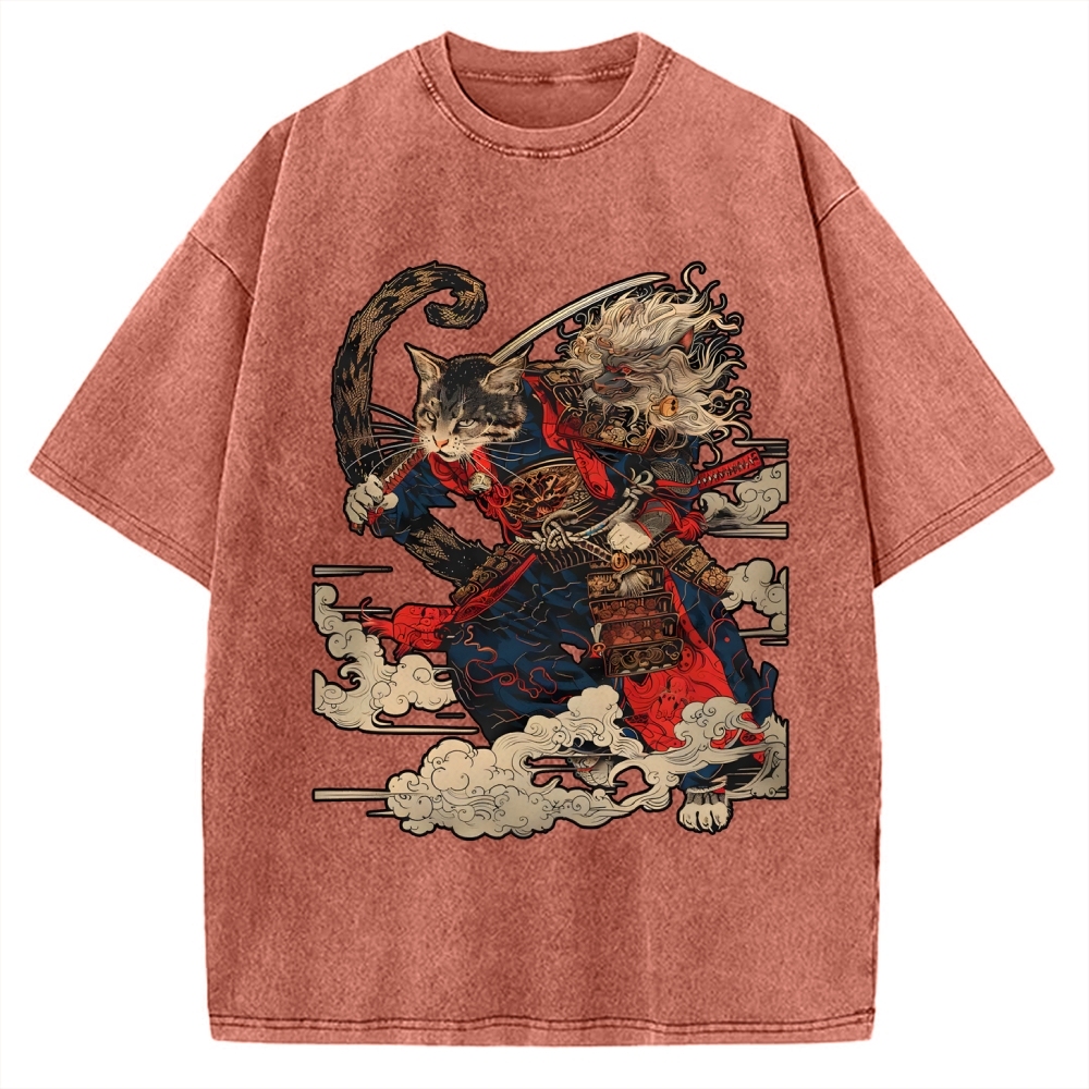 Cat Samurai Vintage Washed T-shirt