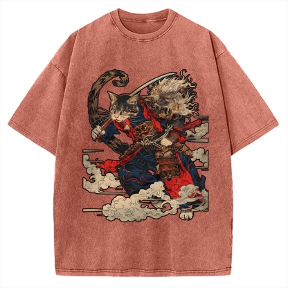 Cat Samurai Vintage Washed T-shirt