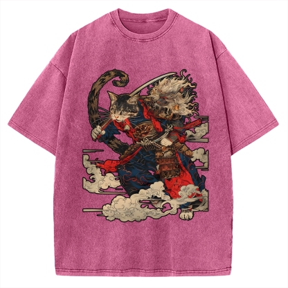 Cat Samurai Vintage Washed T-shirt