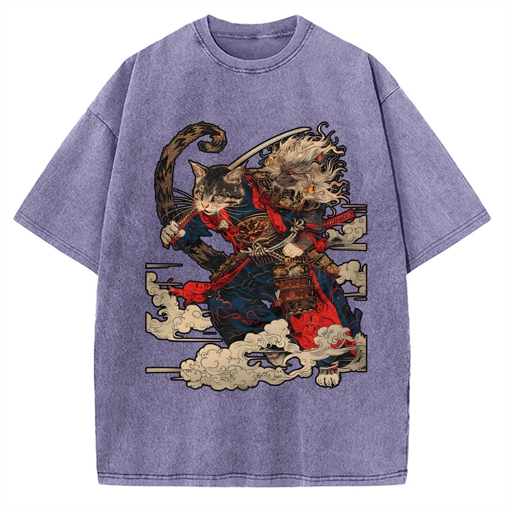 Cat Samurai Vintage Washed T-shirt