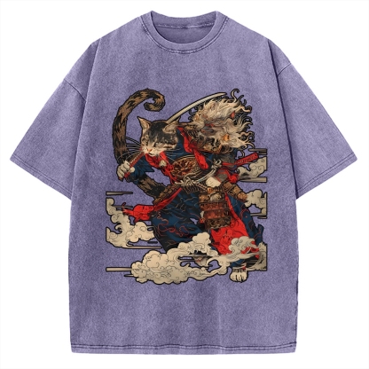 Cat Samurai Vintage Washed T-shirt