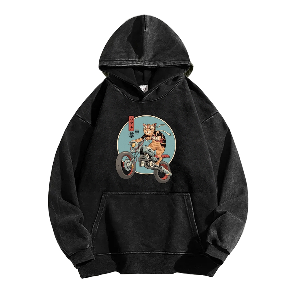 Cat riding a motorcycle Vintage Washed Hoodie