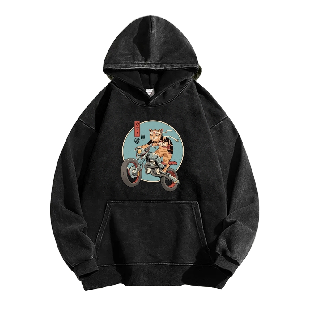Cat riding a motorcycle Vintage Washed Hoodie