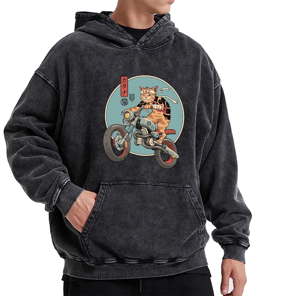 Cat riding a motorcycle Vintage Washed Hoodie