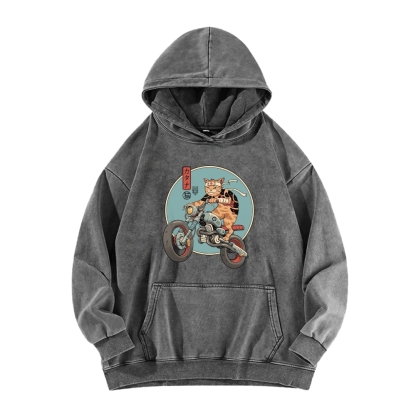 Cat riding a motorcycle Vintage Washed Hoodie