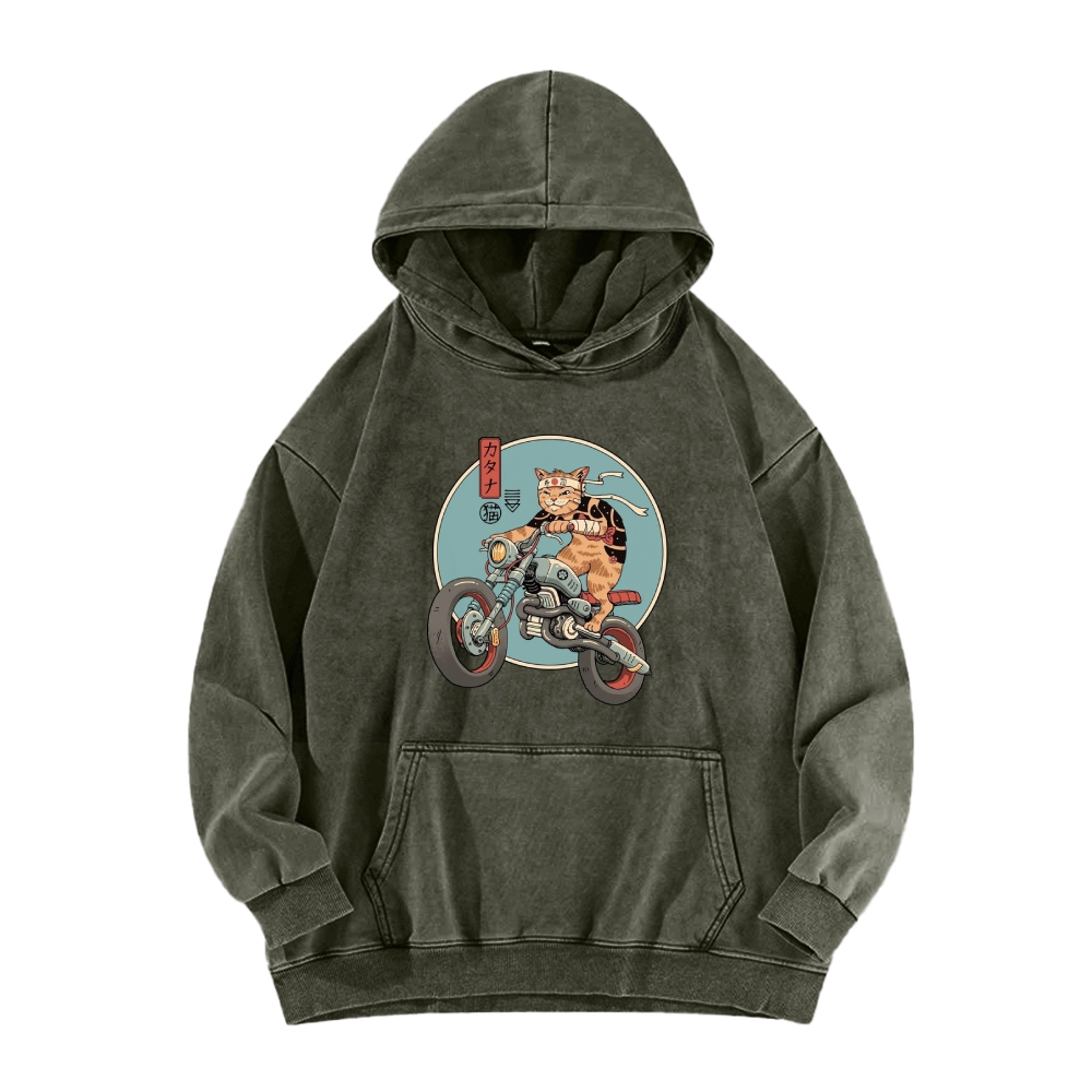 Cat riding a motorcycle Vintage Washed Hoodie