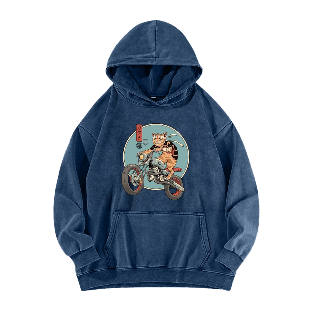 Cat riding a motorcycle Vintage Washed Hoodie