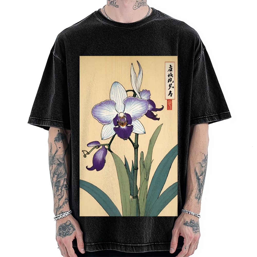 Japanese Orchid Ukiyo-E Style Vintage Washed T-shirt