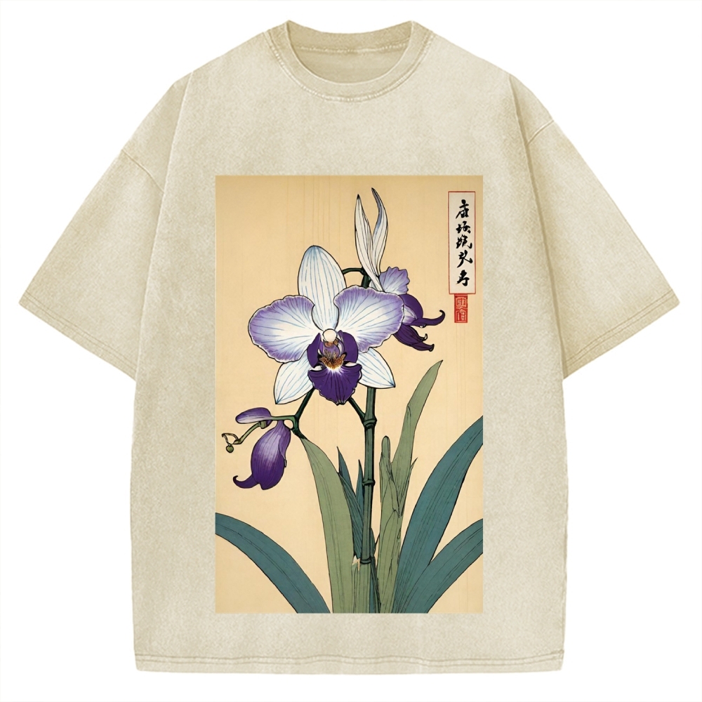 Japanese Orchid Ukiyo-E Style Vintage Washed T-shirt