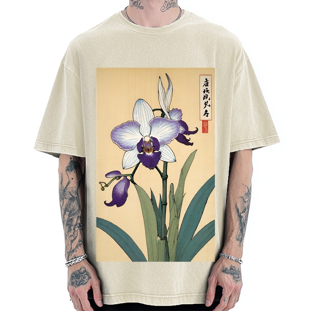 Japanese Orchid Ukiyo-E Style Vintage Washed T-shirt